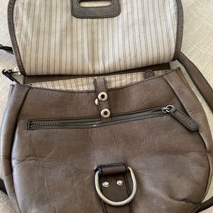 Frye Lucy gray/brown leather purse, adjustable strap fully lined with zipper.